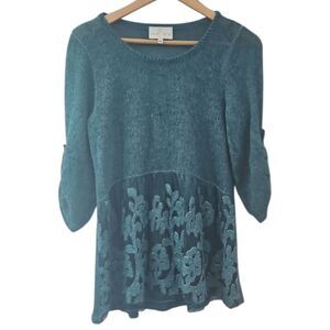 Belle France Teal Knit Lace Tunic Top Sz S Made in Italy Mohair Wool Silk Blend